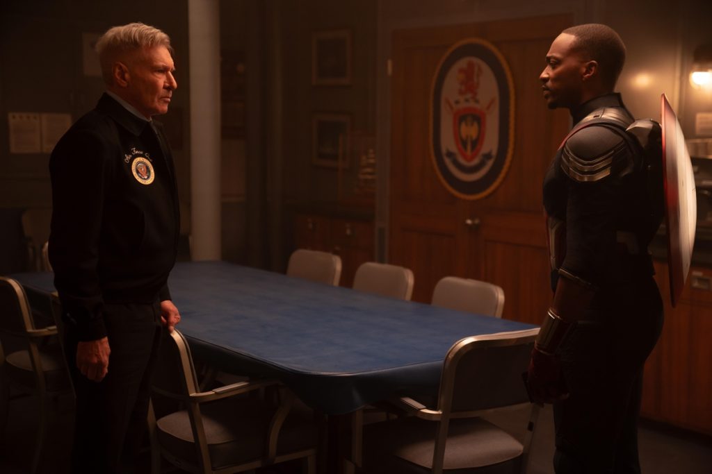 (L-R): Harrison Ford as President Thaddeus Ross and Anthony Mackie as Sam Wilson/Captain America in Marvel Studios' CAPTAIN AMERICA: BRAVE NEW WORLD. Photo by Eli Adé. © 2024 MARVEL.