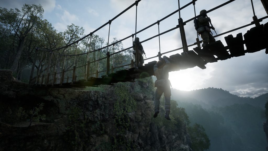 Snake hanging from a bridge in Metal Gear Solid Delta.