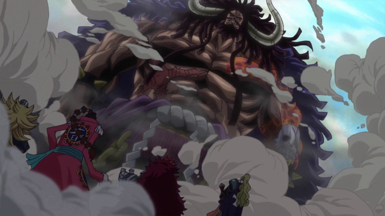 Kaido's first appearance in One Piece where he lands in the Kid Pirates' hideout. 