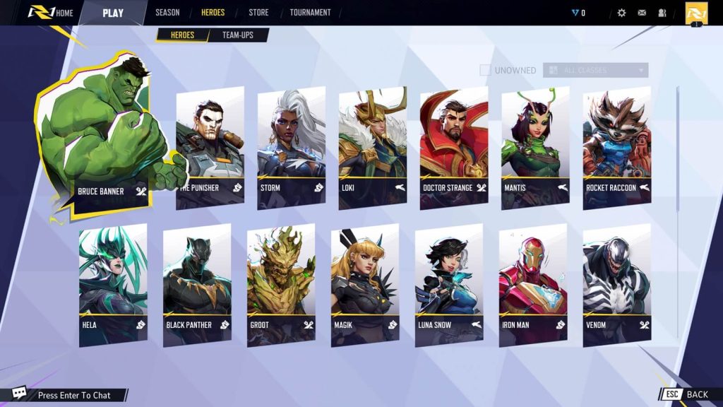 Marvel Rivals 'heroes' menu featuring a collage of all the playable heroes in the game. 