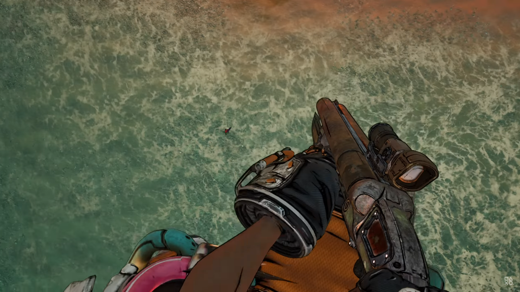 A still from the Borderlands 4 trailer showing the player jumping in water.