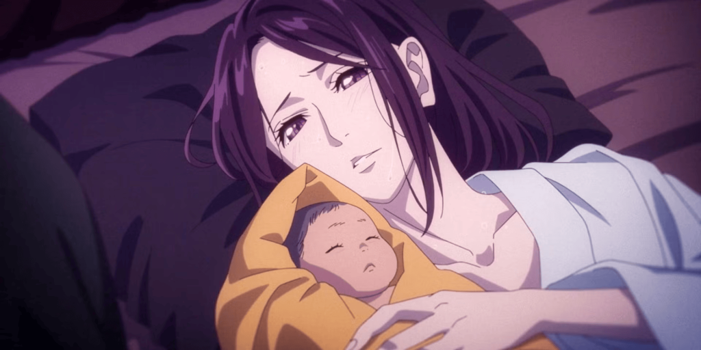 Ahduo holding baby Jinshi in The Apothecary Diaries.