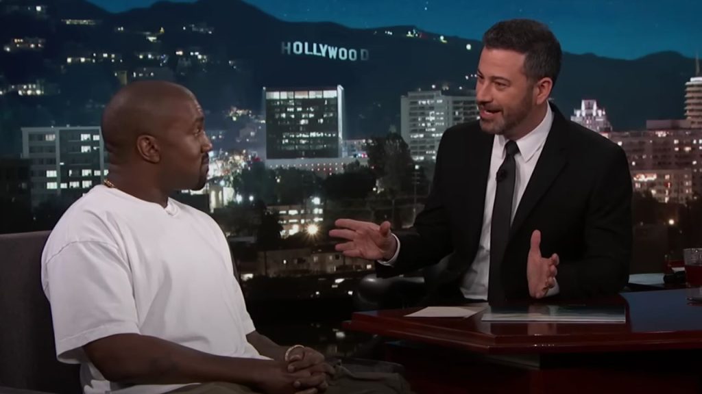 You’re Safe Drake! Kanye West Unleashes Feud With Kendrick Lamar After Singing Rapper's Praises Years Ago 1 Kanye West and Jimmy Kimmel