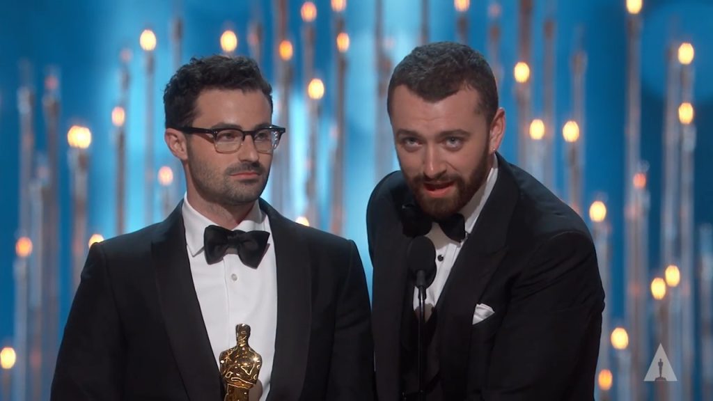 Jimmy Napes and Sam Smith accepting an Oscar for Best Original Song in 2016