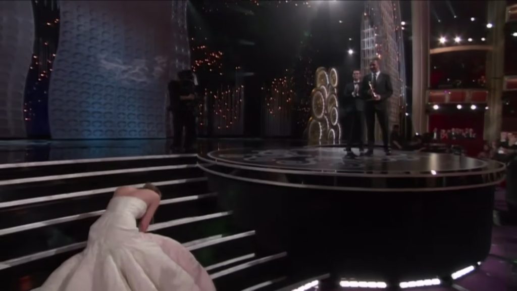 Jennifer Lawrence tripped on the stairs while receiving an Oscar.