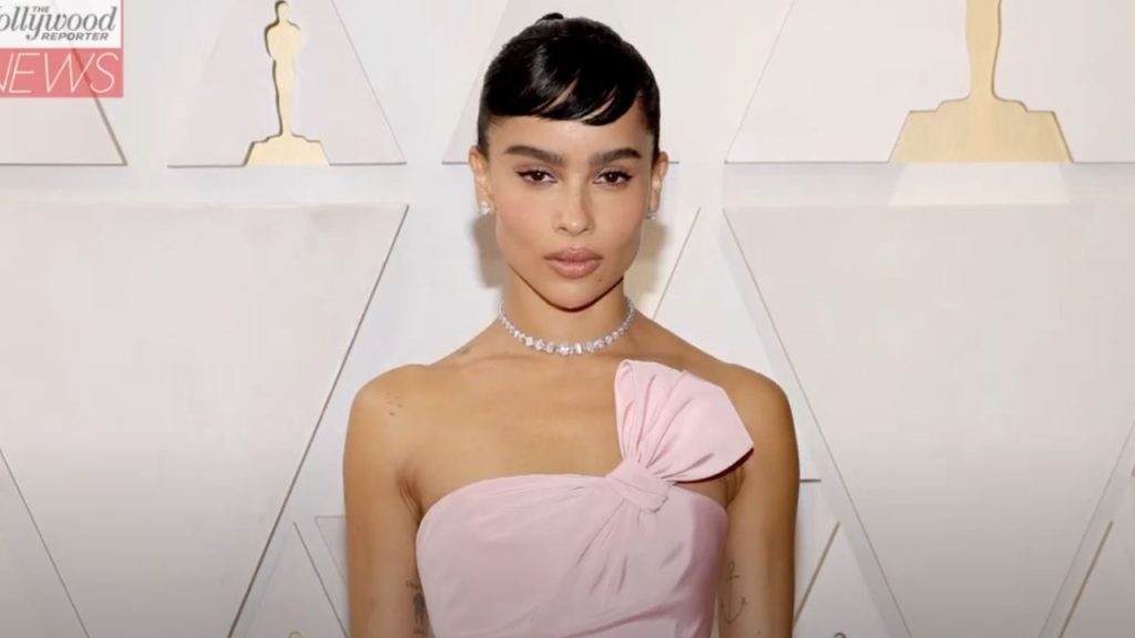 Zoë Kravitz attired in Saint Laurent pink gown