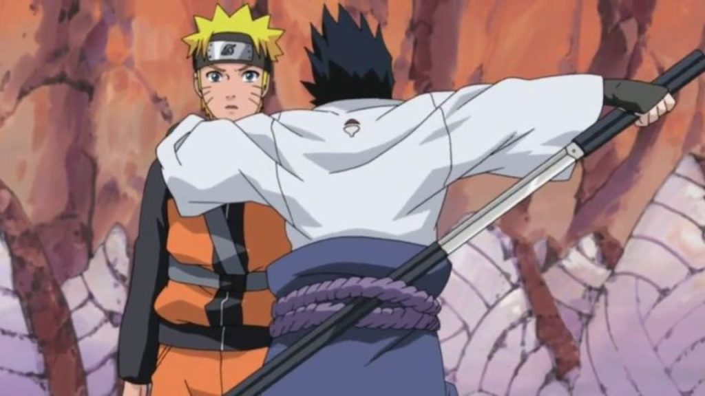 Naruto and Sasuke in SHippuden with Sasuke drawing his blade.