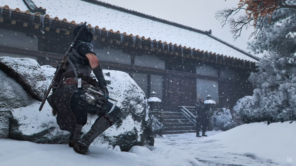 Naoe hiding in the snowy terrain in Assassin's Creed Shadows.