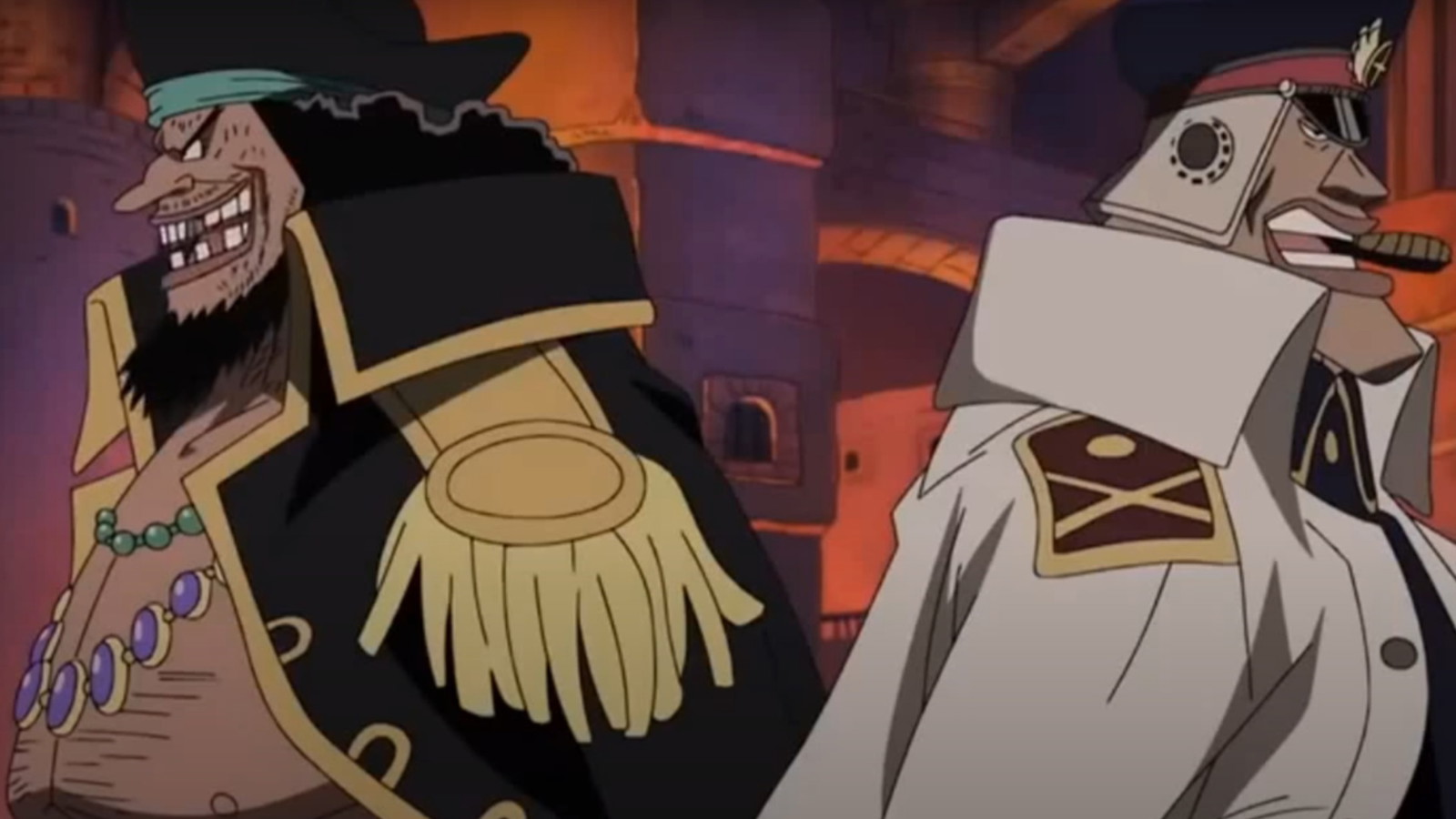 Blackbeard and Shiryu are standing with their backs against each other in One Piece 