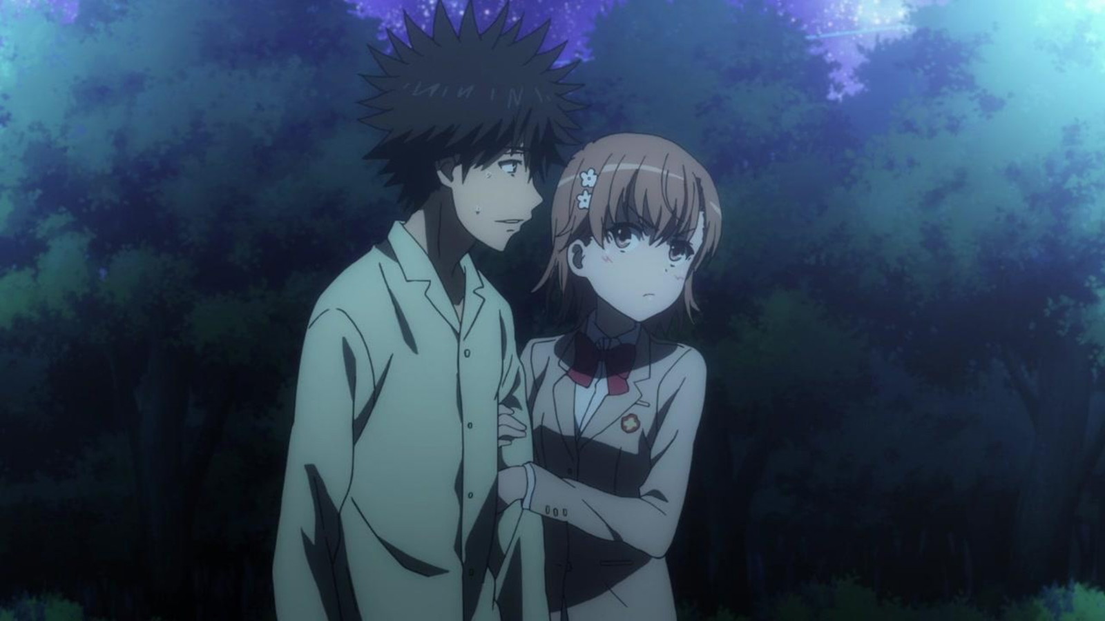 Misaka is holding onto Touma in A certain Magical Index anime