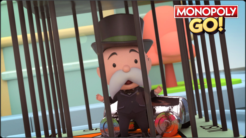 A still from Monopoly Go! showing Mr. Monopoly in jail.