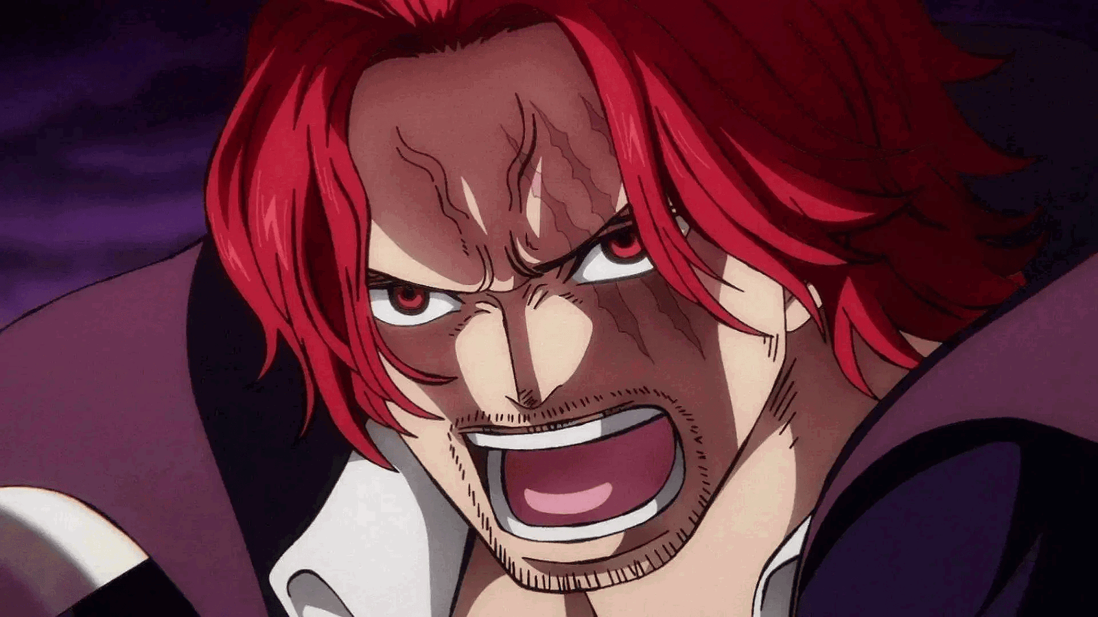 A close up of an angered Red-Haired Shanks in One Piece. 