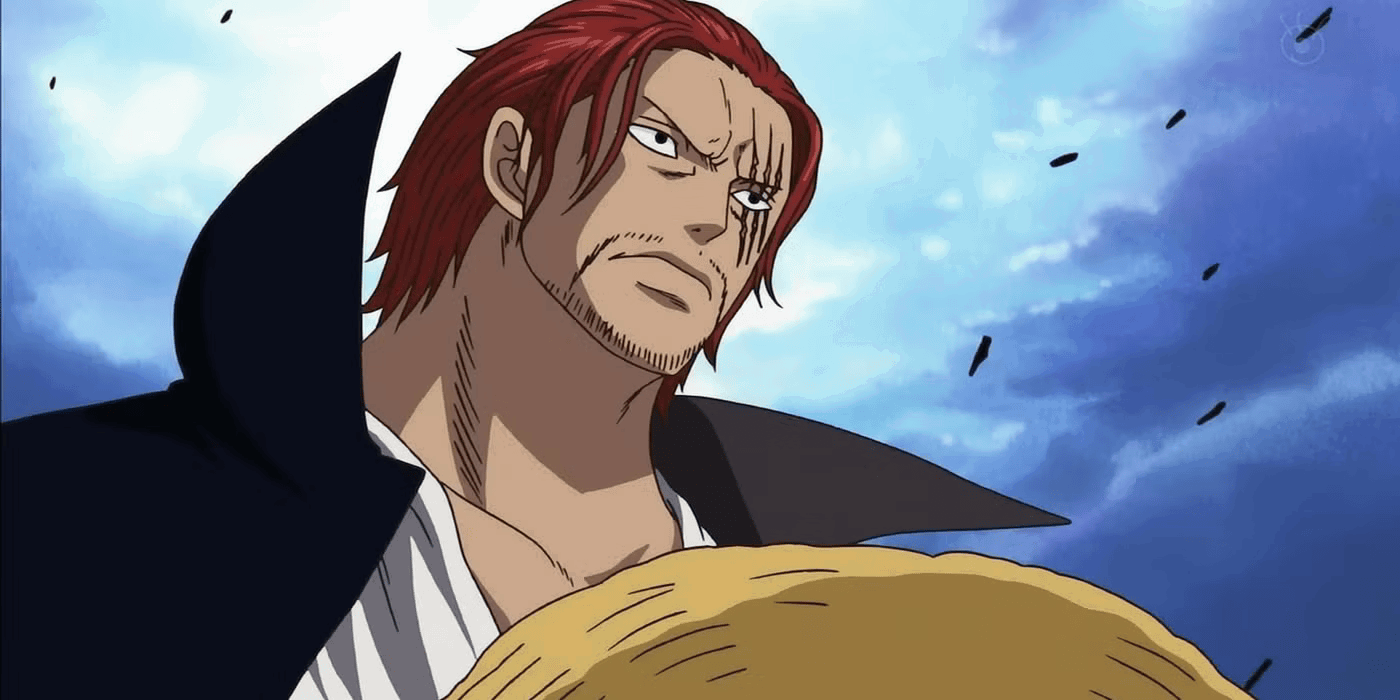 Shanks holding Luffy's lost straw hat in One Piece. 