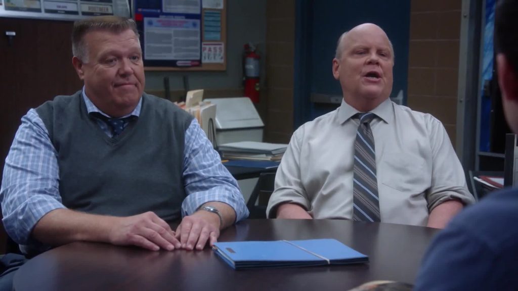 Dirk Blocker and Joel McKinnon as Hitchcock and Scully in Brooklyn Nine-Nine