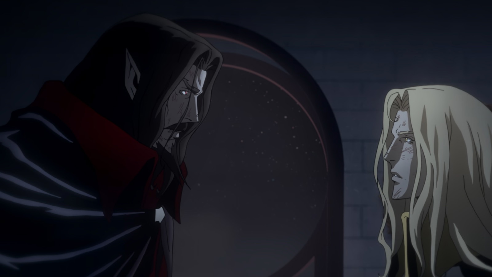 Dracula is looking at Alucard in Castlevania anime