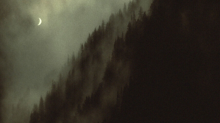 A moody landscape shot from 'Sleep Has Her House' showing a crescent moon over a misty mountainside covered in pine trees.