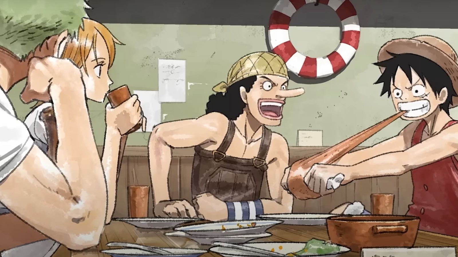 Luffy, Usopp, Nami and Zoro can be seen sitting at a table in One Piece anime