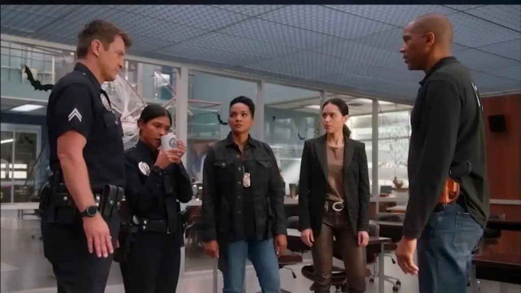 Nathan Fillion with Lisseth Chavez, Mekia Cox, and Alyssa Diaz in The Rookie