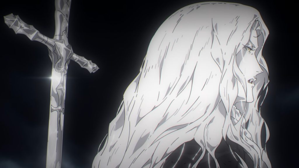 The picture shows Alucard's side profile in Castlevania nocturne and there's a cross behind him 