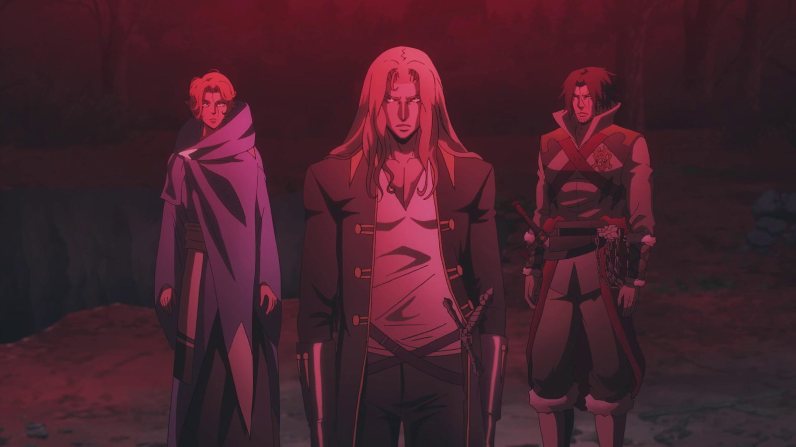 Alucard is standing in the front with Trevor and Sypha behind him 