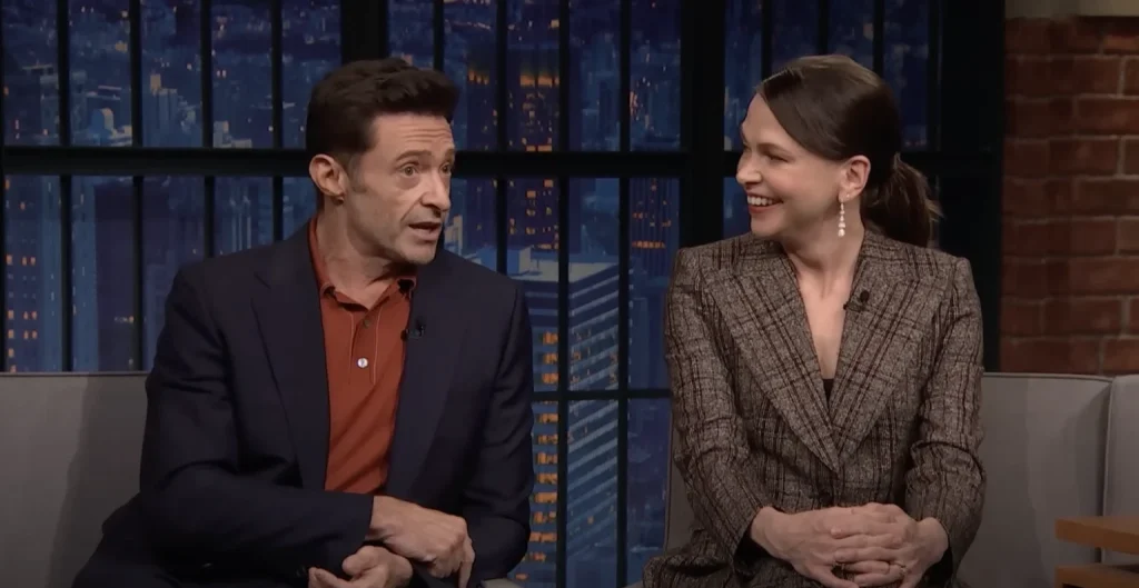 Hugh Jackman and Sutton Foster | Credits: Late Night with Seth Meyers / NBC