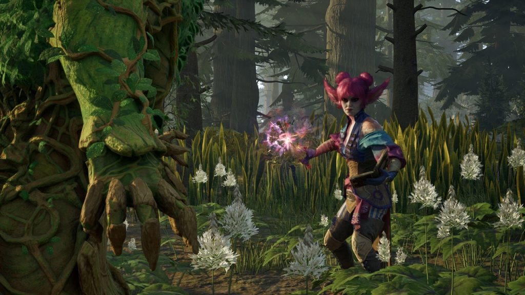 A screenshot from Avowed, featuring a companion character engaging with an enemy in the woods.