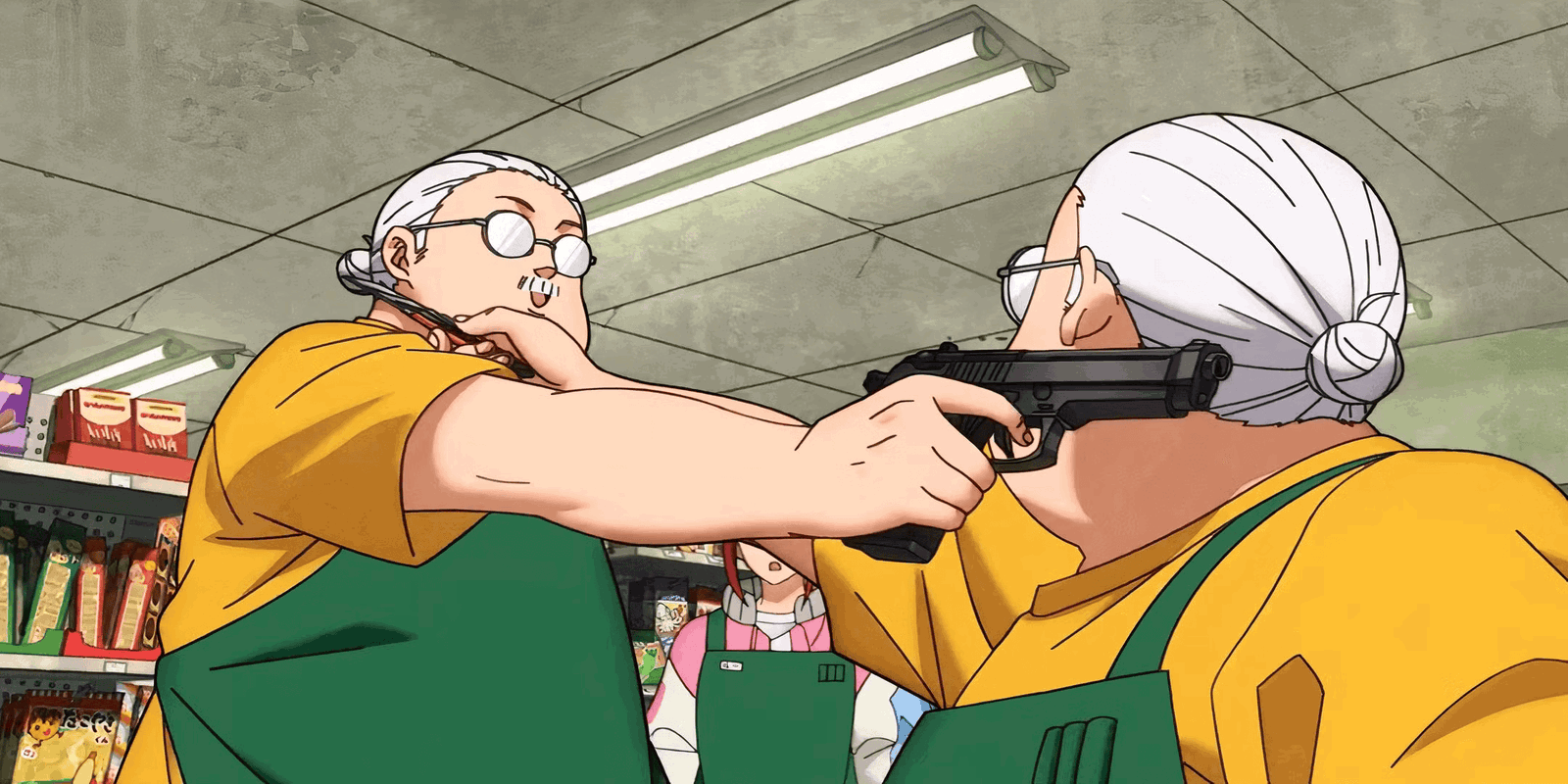 Sakamoto and Nagumo in disguise as Sakamoto pointing guns at each other in Sakamoto Days.