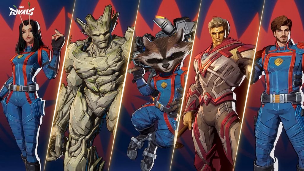 A collage of all the playable Guardians of the Galaxy heroes in Marvel Rivals.