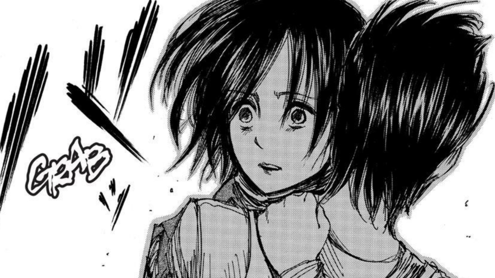 Mikasa hugs Eren in Hajime Isayama's Attack on Titan manga