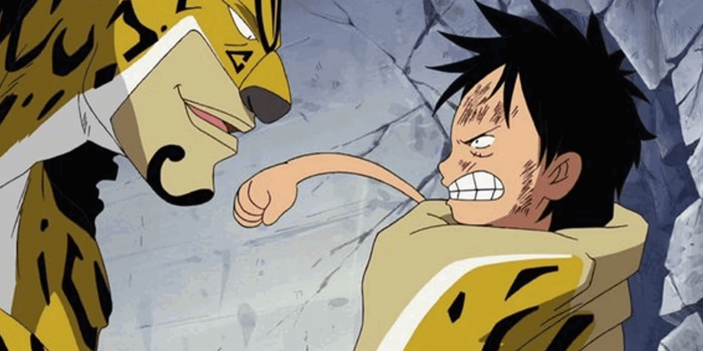 Rob Lucci holding a smaller Monkey D. Luffy trying to punch him in One Piece. 