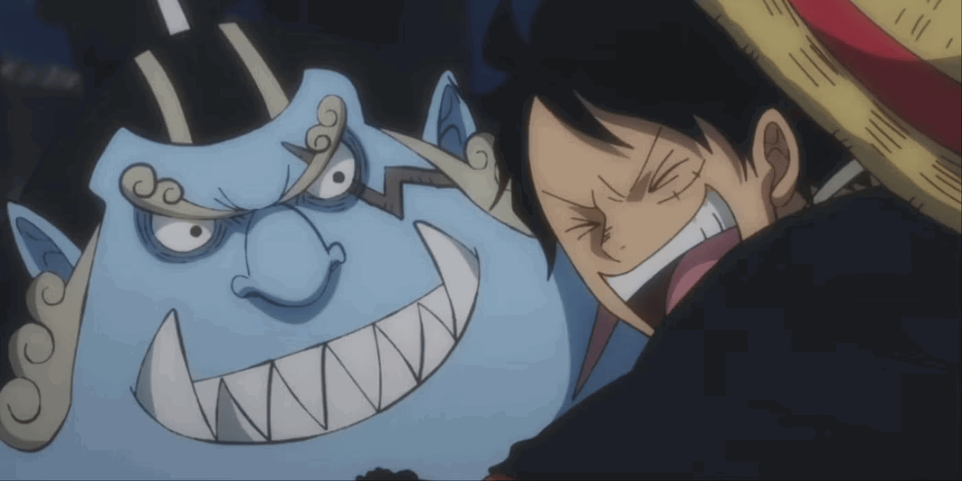 Luffy hugs Jinbe in One Piece. 