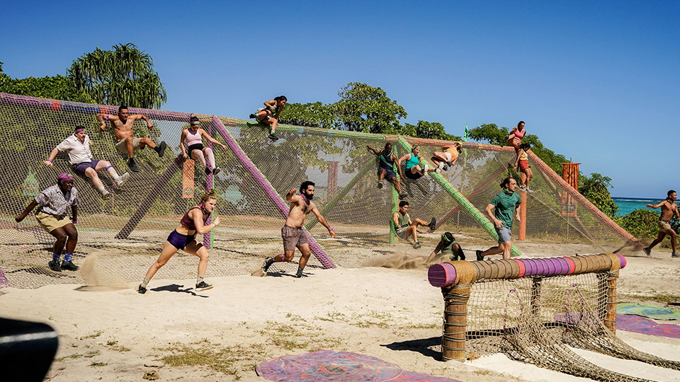 The castaways competing in a challenge in the Survivor 48 premiere