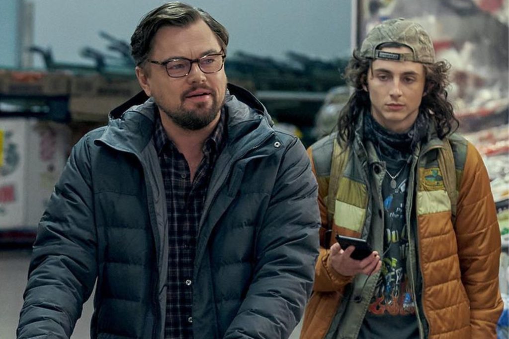 Leonardo DiCaprio and Timothée Chalamet in Don't Look Up (2021) | Credits: Netflix