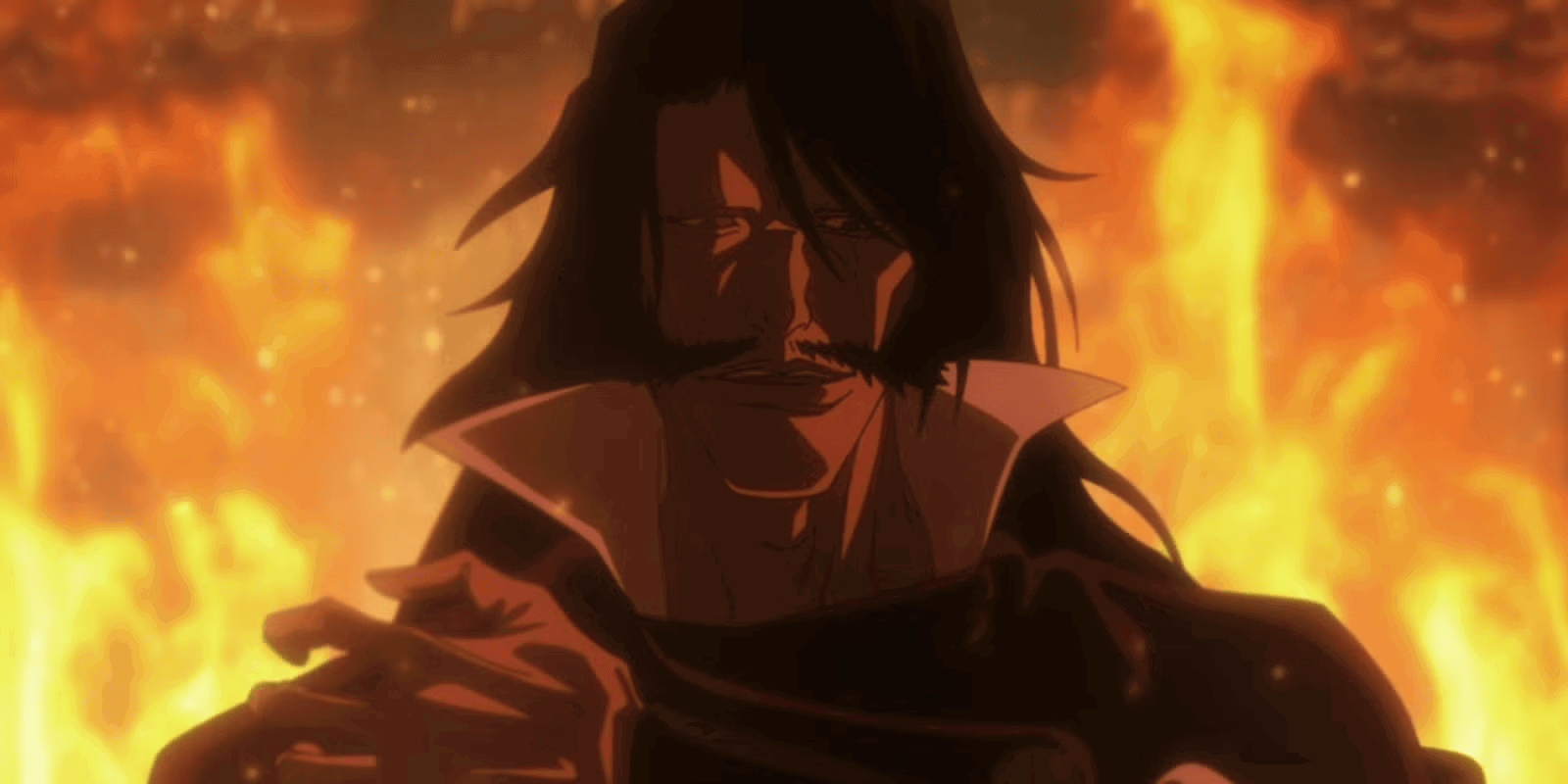 Yhwach walking in flames in Bleach: Thousand-Year Blood War. 