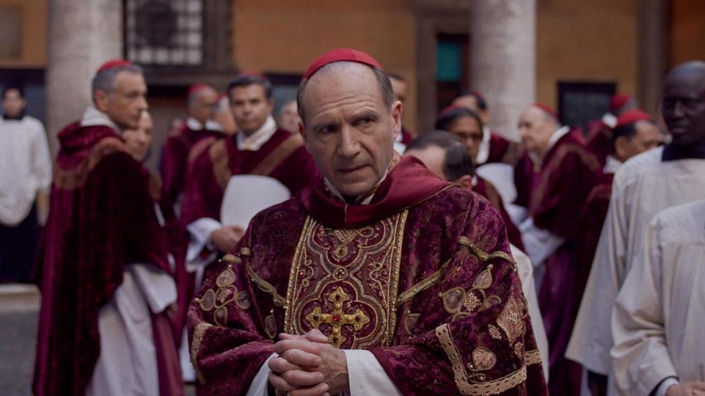 Ralph Fiennes looking tensed in Conclave