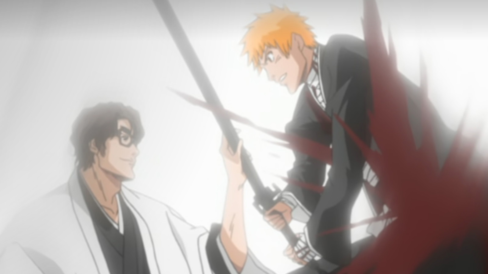 Aizen stops Ichigo's Zanpaku-to with his hand and leaves Ichigo Bleeding