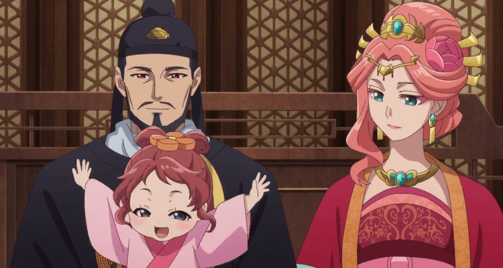 The Emperor with a slight smile on his face and Gyokuyou looking at their daughter, Lingli, in The Apothecary Diaries. 