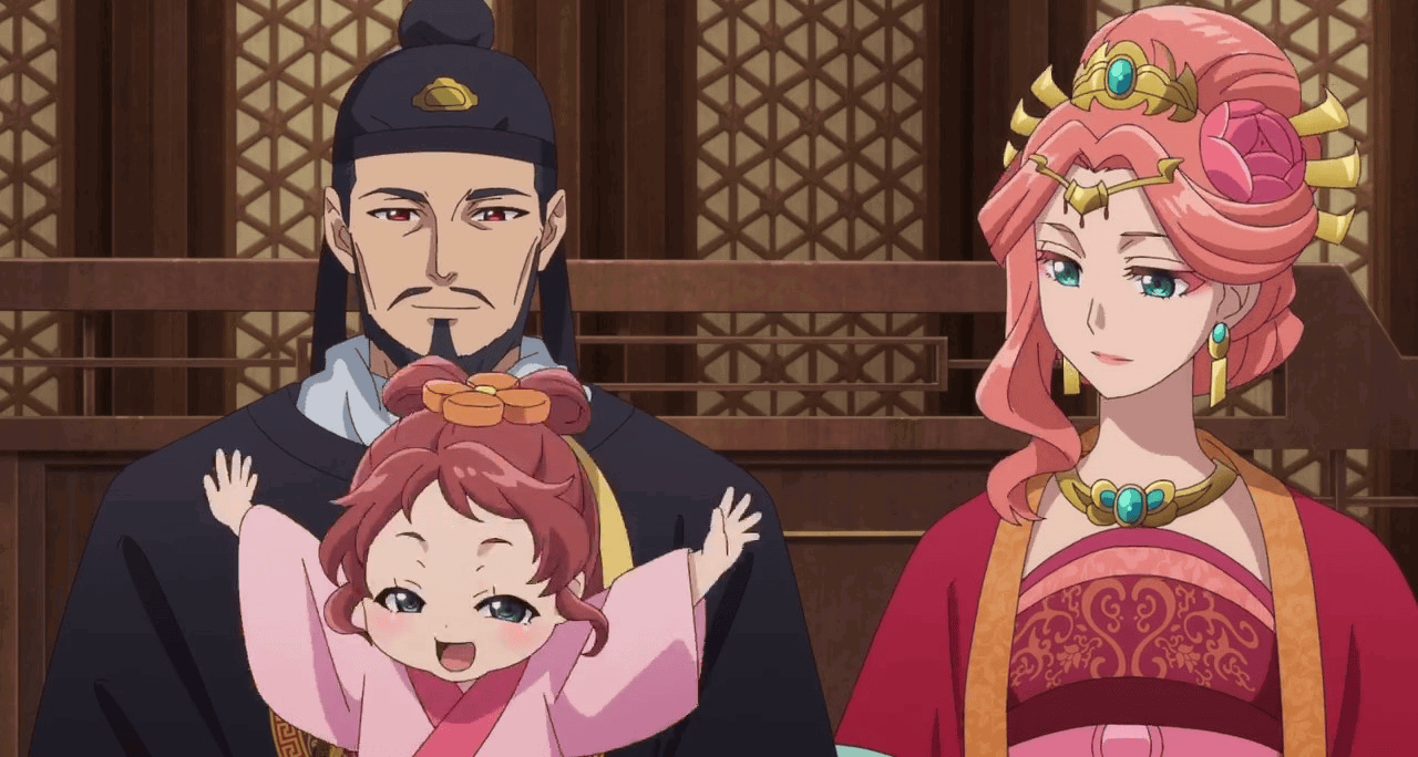 The Emperor with a slight smile on his face and Gyokuyou looking at their daughter, Lingli, in The Apothecary Diaries.