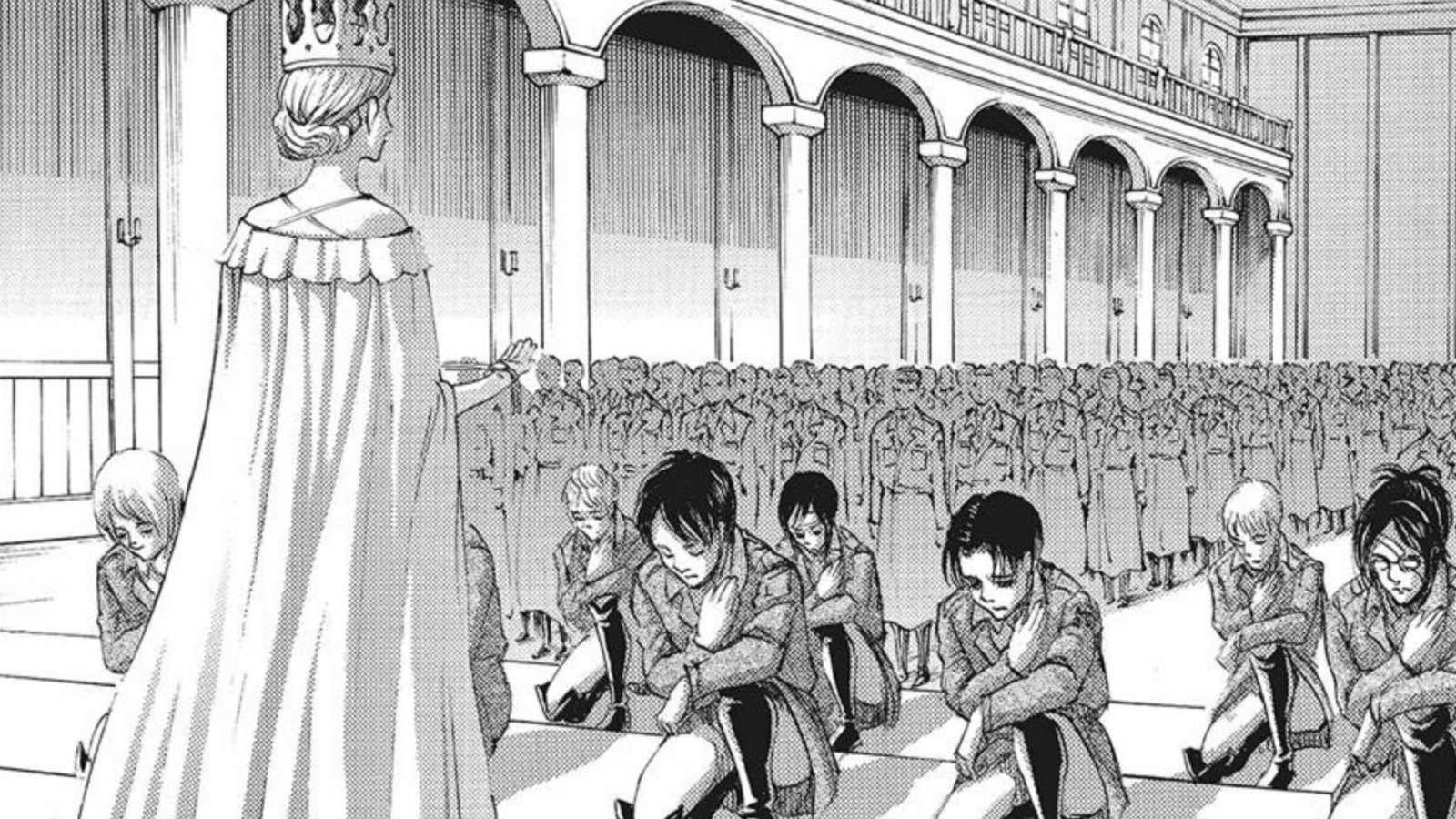 The Survey Corps can be seen kneeling before historia in a panel from Hajime Isayama's Attack on Titan manga