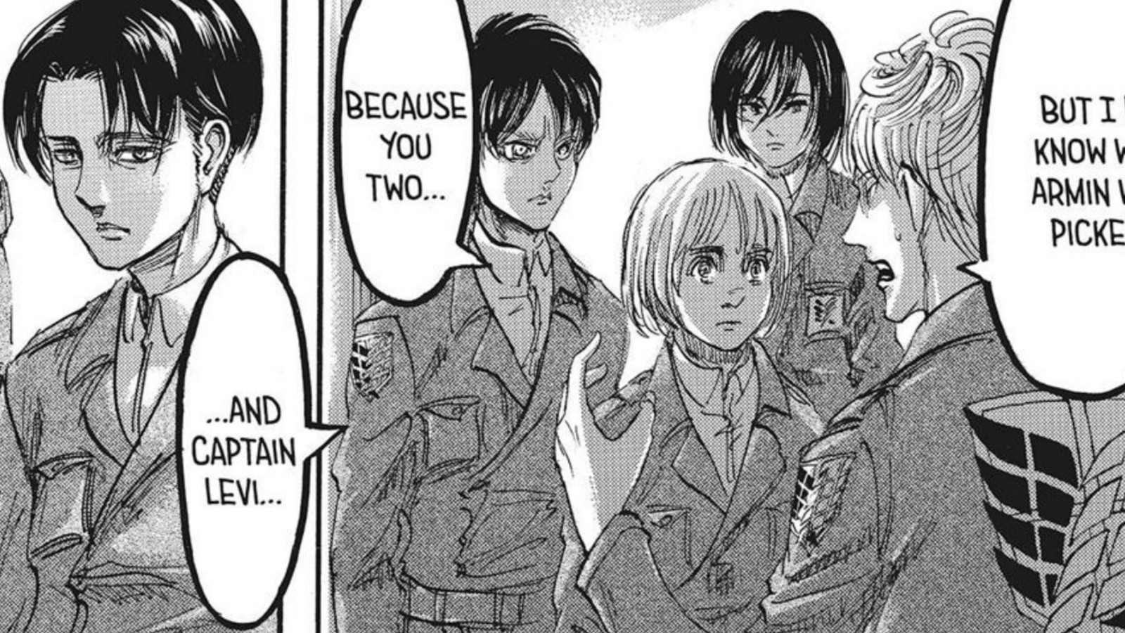 The picture shows Floch questioning Ere, Mikasa, Armin, and Levi in Hajime Isayama's Attack on Titan