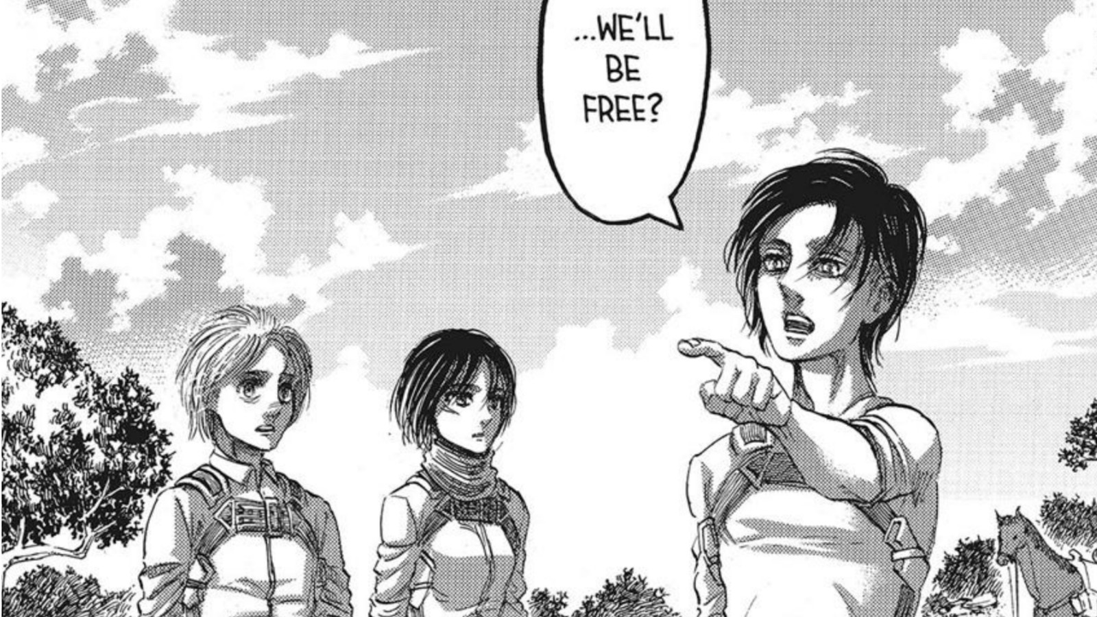 Eren is pointing his finger at the ocean while Mikasa and Armin look at him in Attack on Titan manga 