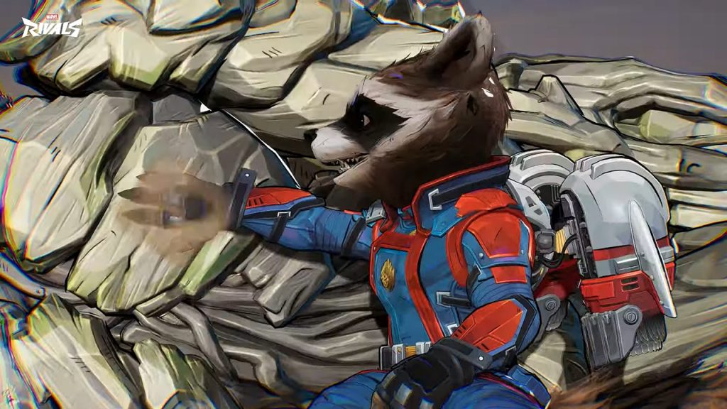 Marvel Rivals screenshot featuring a close-up of Rocket Racoon sitting by a Groot.