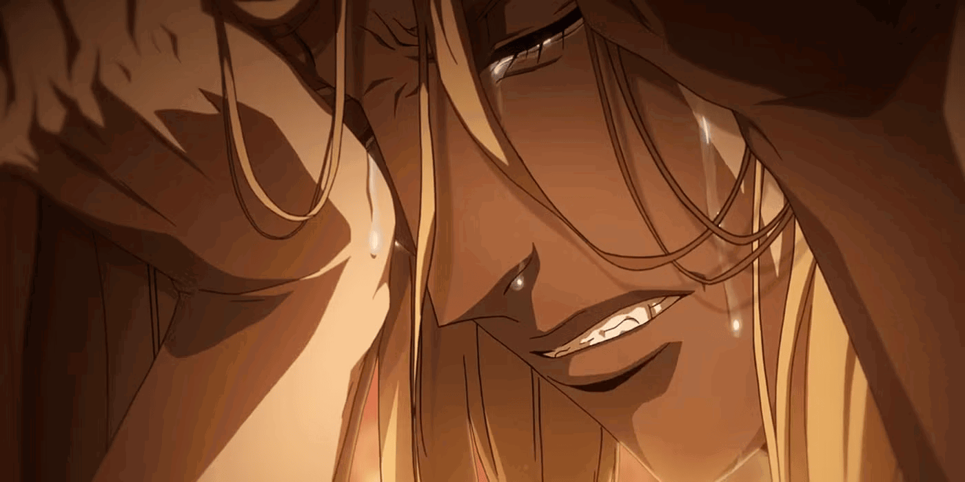 A close up of Alucard crying in Castlevania. 