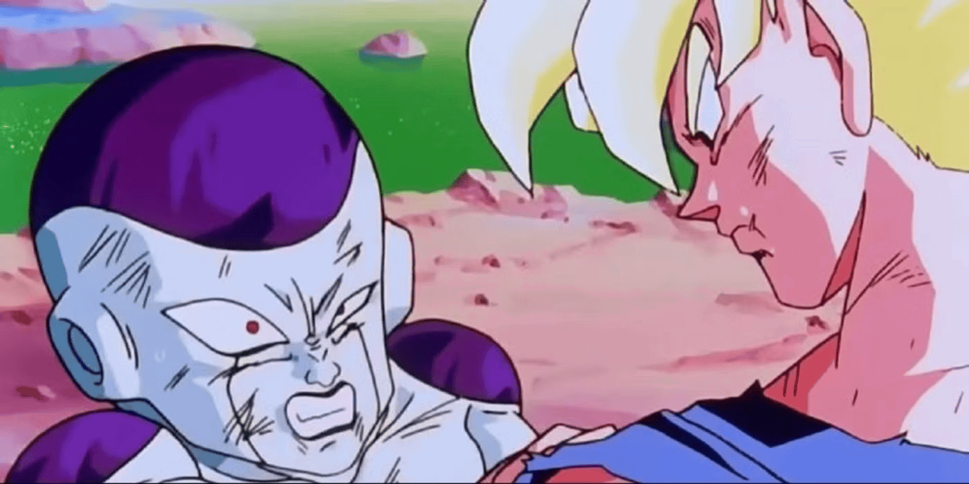 Frieza and Goku looking at each other in Dragon Ball. 