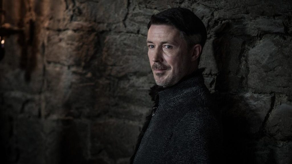 A close-up portrait of Petyr Baelish (Littlefinger) from Game of Thrones. He is shown in profile against a dark stone wall background, wearing dark clothing. He has a subtle smirk on his face.