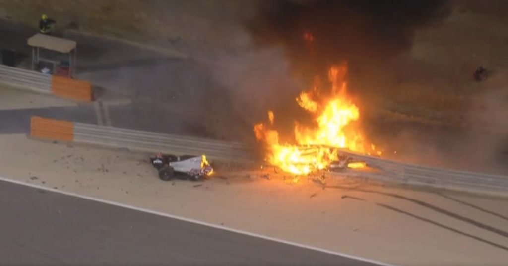 The Haas car split in two and in flames carrying Romain Grosjean.