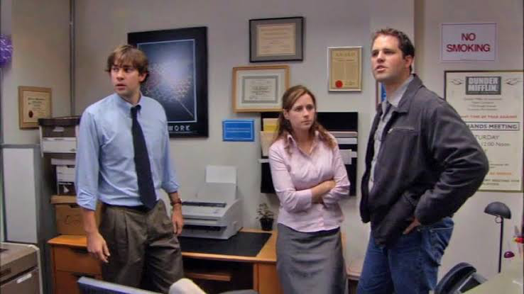 The awkward situation between Jim, Pam and Roy in a still from The Office 