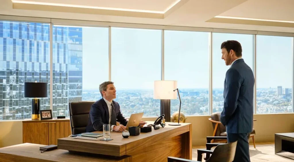 Stephen Amell and Bryan Greenberg as Ted Black and Rick Dodsen in Suits LA