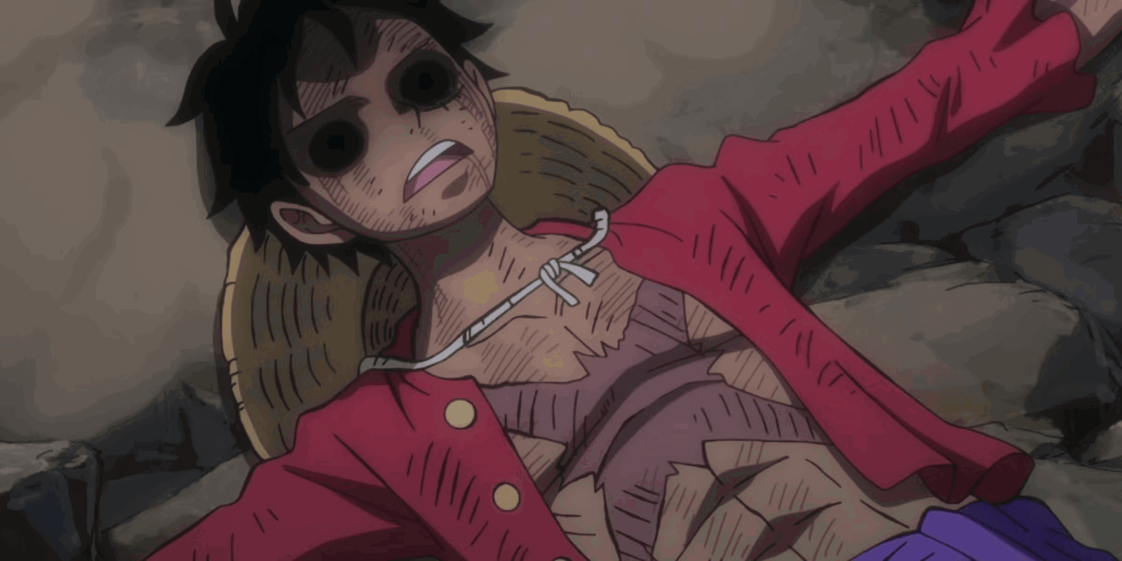 Luffy's unconscious body after being struck by Kaido in One Piece. 