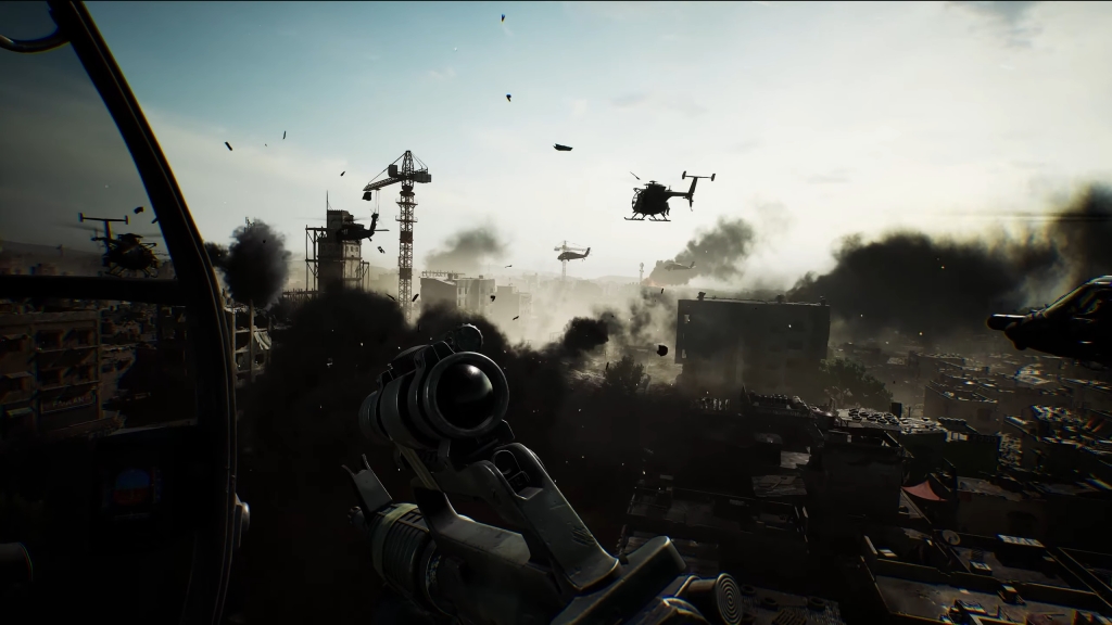 A player in a helicopter in Delta Force.